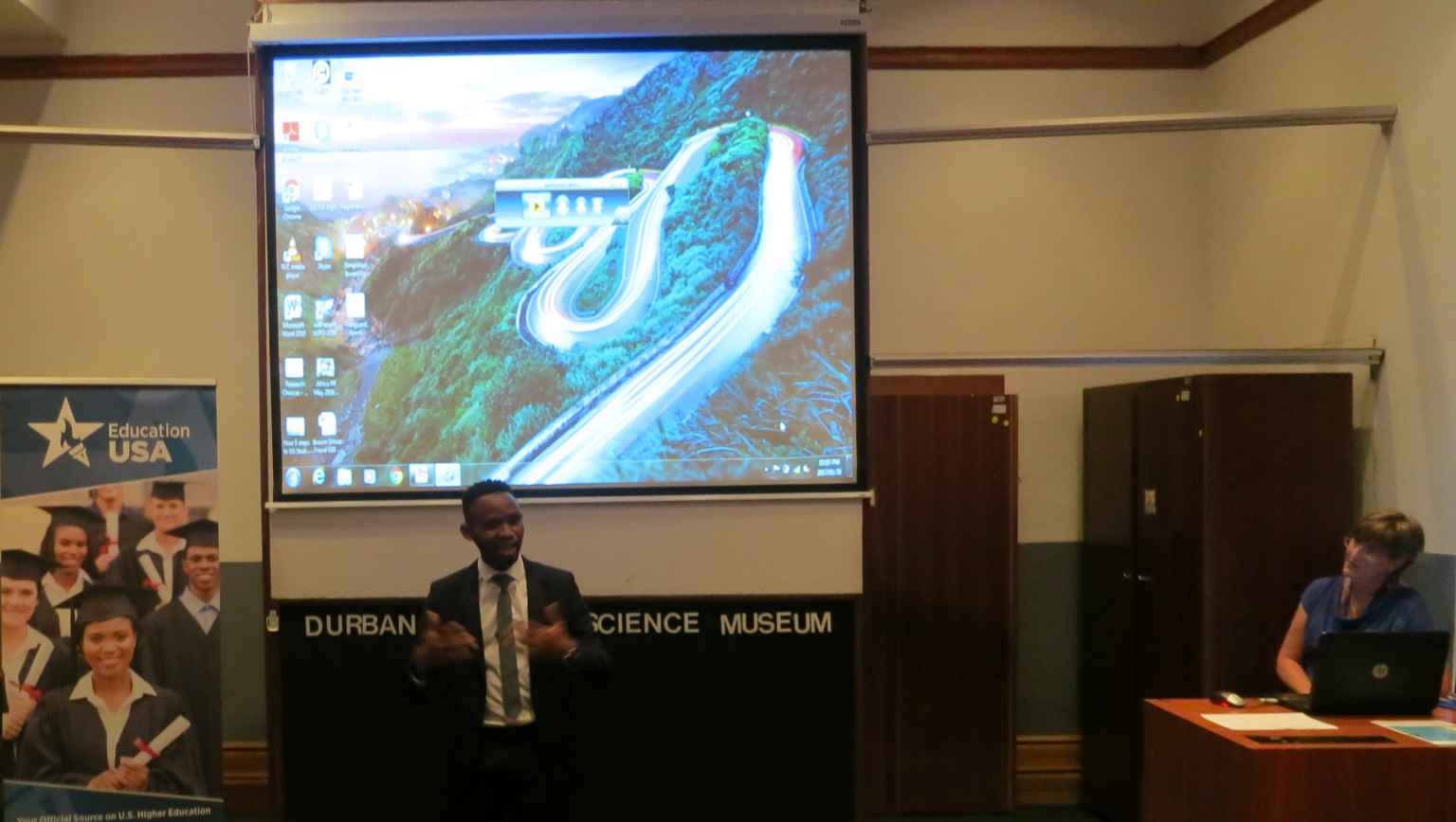 EducationUSA and Opportunity student alumnus, and Andrews University graduate Wandile Mthiyane speaks at an EducationUSA General Information Session