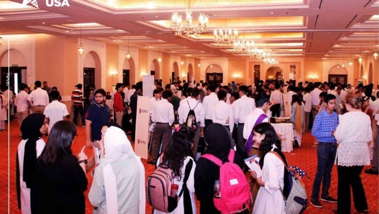 A group of students attending the U.S. college fair organized by EducationUSA Pakistan 