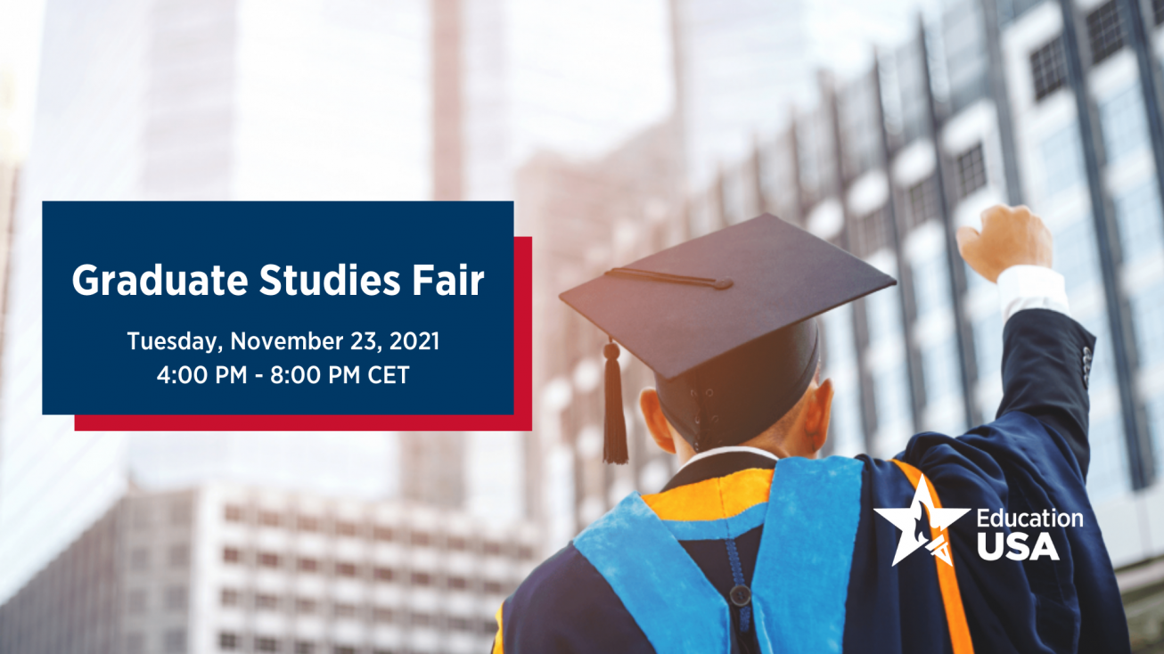 The event banner features a person in academic dress with his fist up in front of skyscrapers. A blue rectangle includes the information of the Graduate Studies Fair.